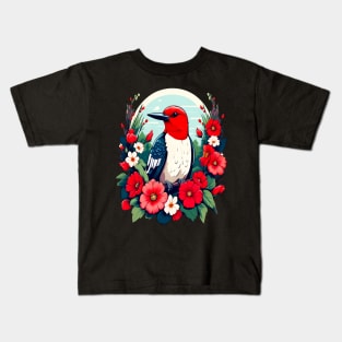 Cute Red Headed Woodpecker Surrounded by Vibrant Flowers Kids T-Shirt
